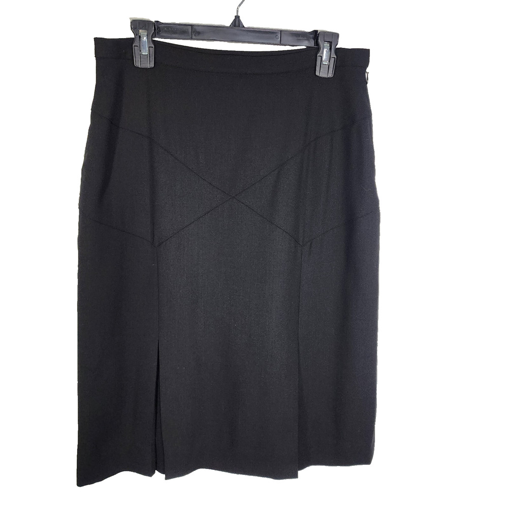 Doncaster Women Pencil Skirt Midi Black 100% Wool Size 10 Lined Pleated Slit Hem